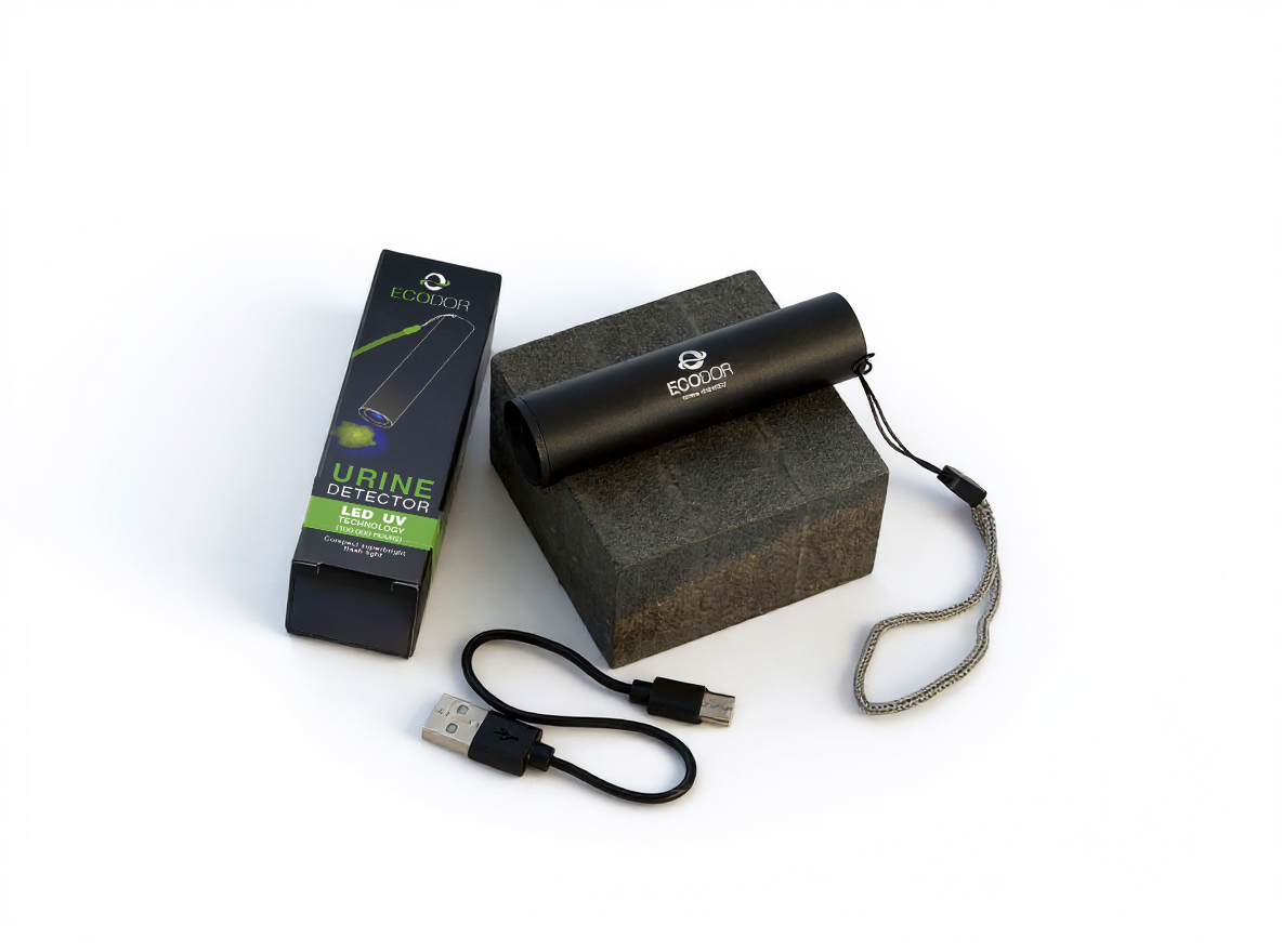 Detector UV de urina recarregável Ecodor EcoLight colocado sobre a mesa