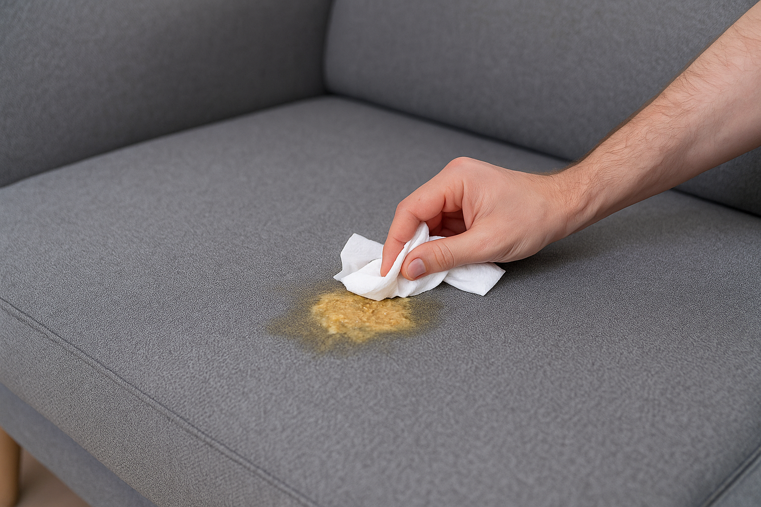 Mão que limpa vómito de um sofá cinzento de tecido com um pano.